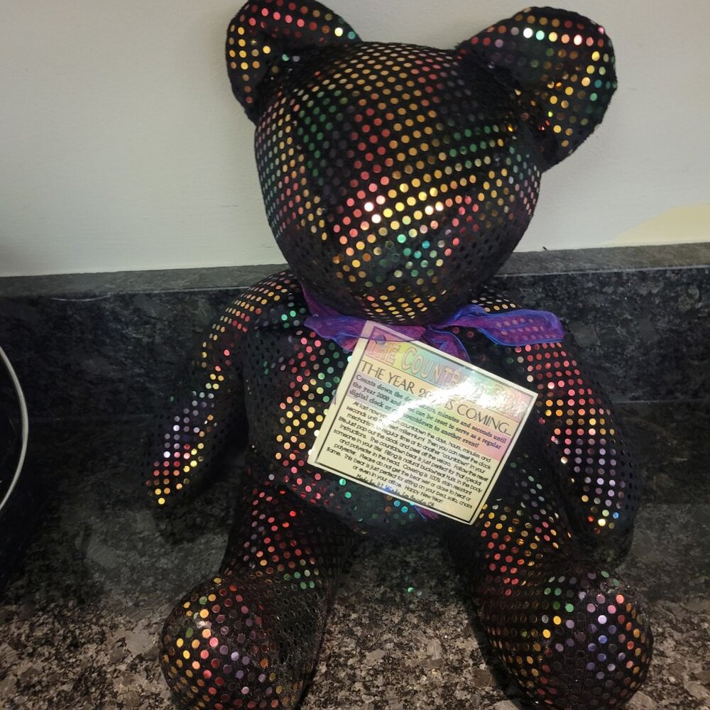 Y2K Countdown Bear - 2000 Is Coming! - Sequin Rainbow Polka Dots - 14" Plush - N